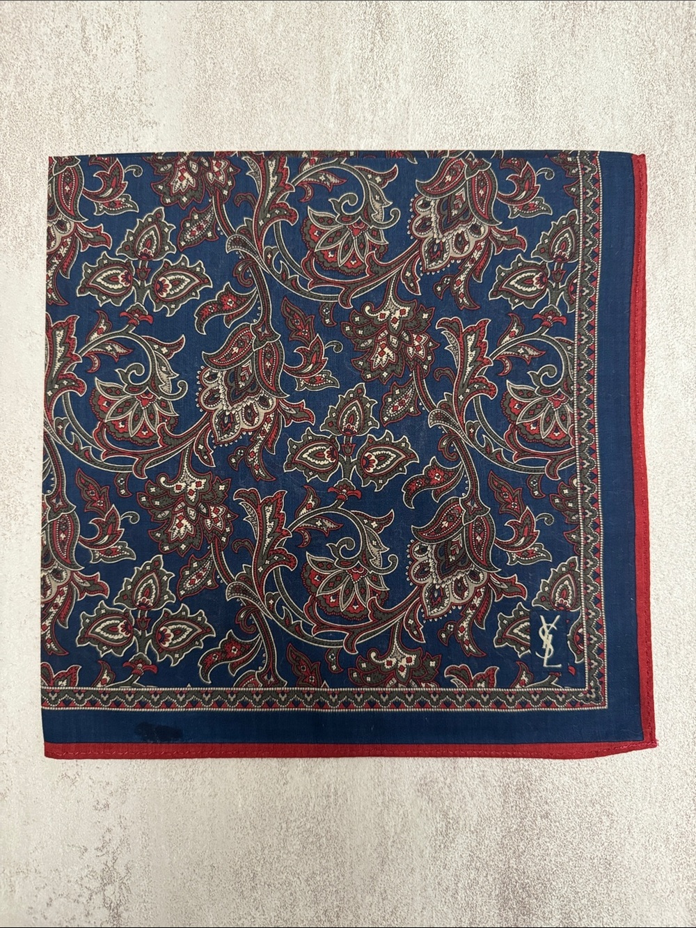 Yves Saint Laurent Navy Red Paisley cotton Pocket Square with Cream Accents